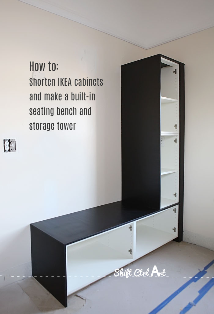 #DIY IKEA cabinet hack to built in bench. Tutorial shows how to shorten the depth of the cabinets, then dealing with the backing and shelving