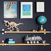 Big reveal: B's blue wall - we built some shelves and made a gallery wall