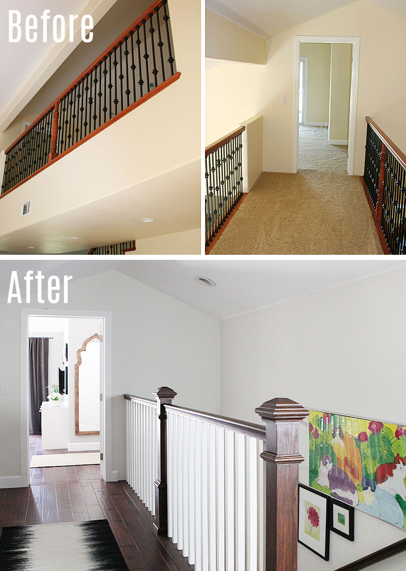 Upstairs hallway before and after